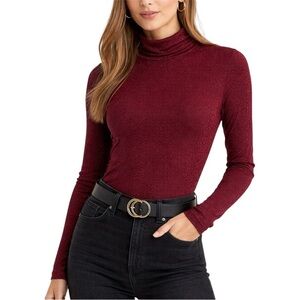 Express Burgundy Shimmer Turtleneck Top Quiet Luxury Fitted Long Sleeve Size XS